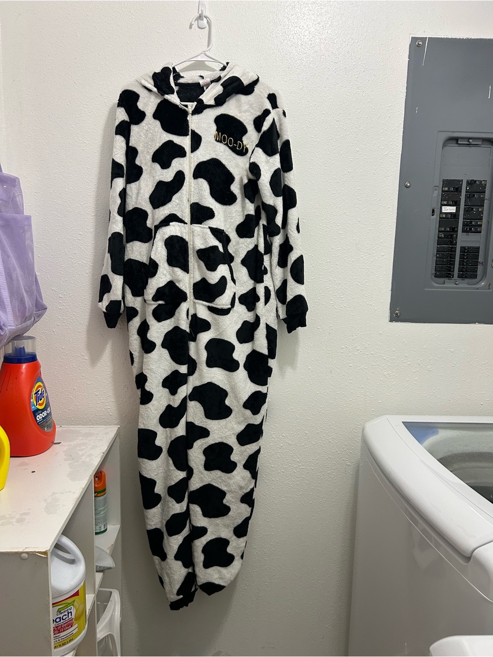 Holiday Time Cow Print Plush Onesie Pajamas L 12-14 3D Hood MOO-DY